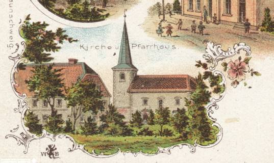 S2 Nr. 3513, Barfelde, Johannes-Kirche und Pfarrhaus, um 1900, um 1900