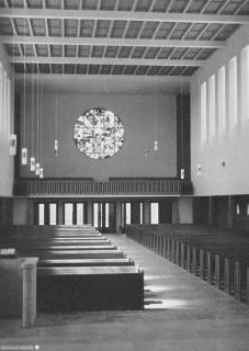 S2 Witt Nr. 1309, Emden, Martin-Luther-Kirche, Innenraum nach Westen, August 1959, 1959